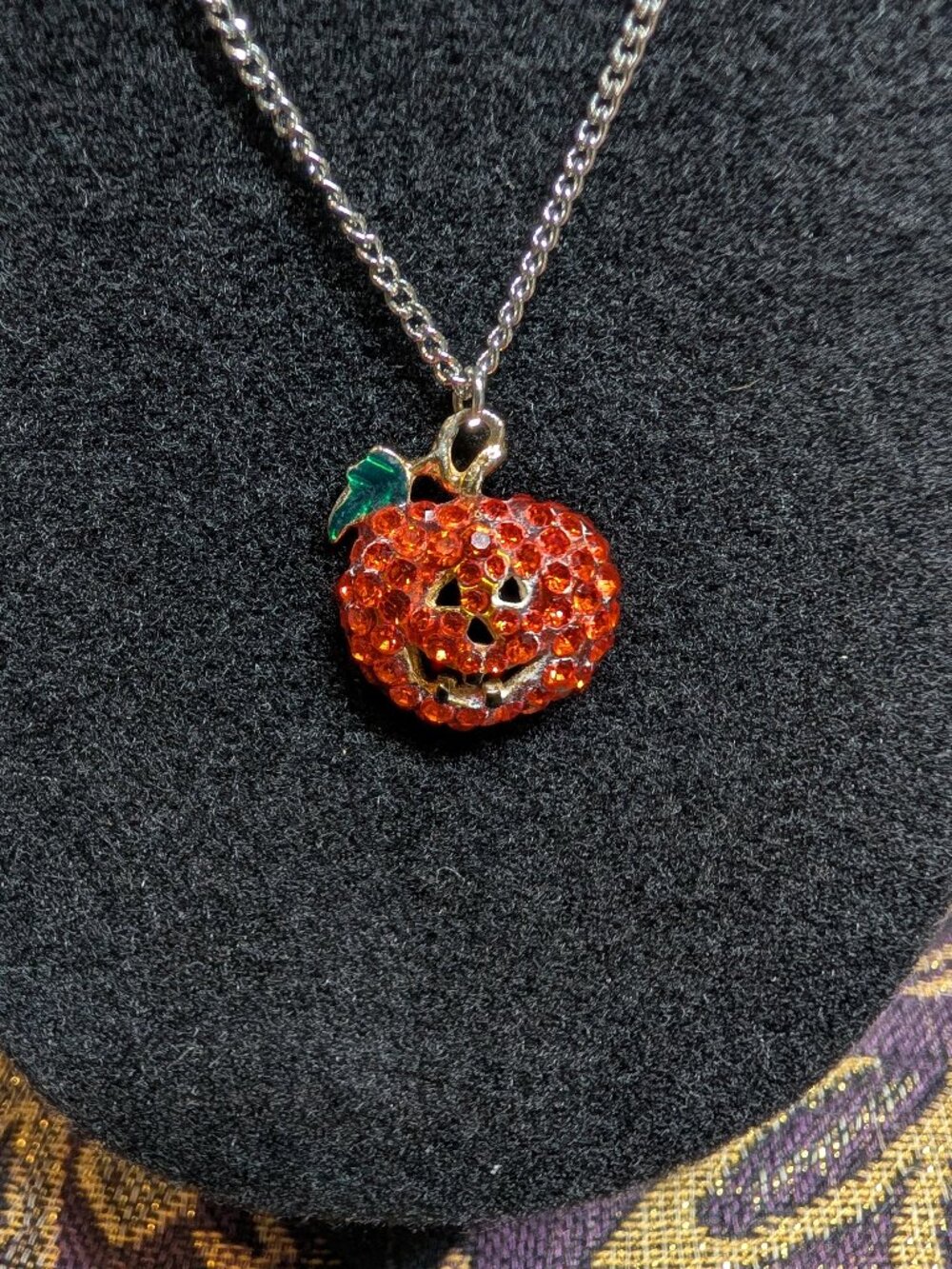Vintage L-S Levine Simson Rhinestone Jack O Lantern Pumpkin Pendant Necklace